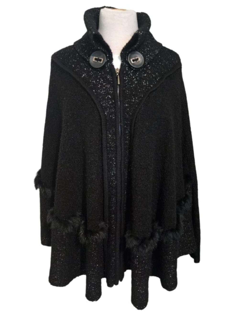 Alexa's Black Sparkly Knit Zip Up Poncho Cape Jacket Faux Fur Trim Women's L